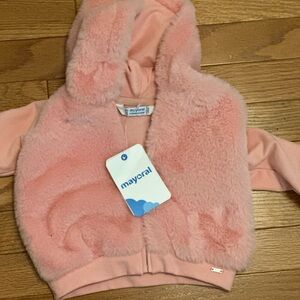 Pink faux fur mayoral baby zip sweater